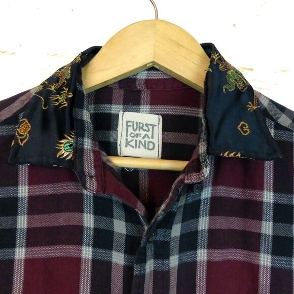 Furst of A Kind Shirt L/XL Plaid Flannel Dragon Satin Sleeves Mixed Media Button - Picture 5 of 15